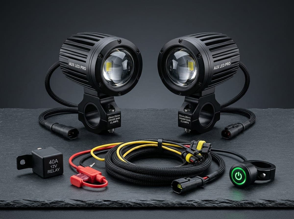 Kit de faros antiniebla auxiliares LED homologados ECE R112 (40 W) con cableado bajo llave ACC y relé estanco para Voge 525DSX y 900DSX